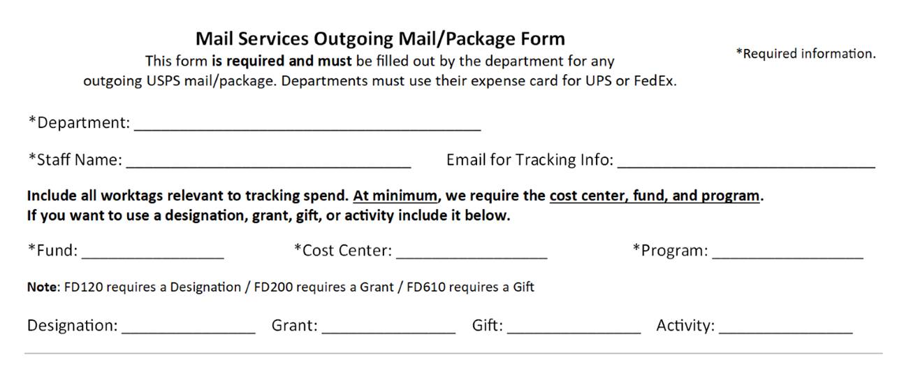 Sail Services Outgoing Mail and Package Form